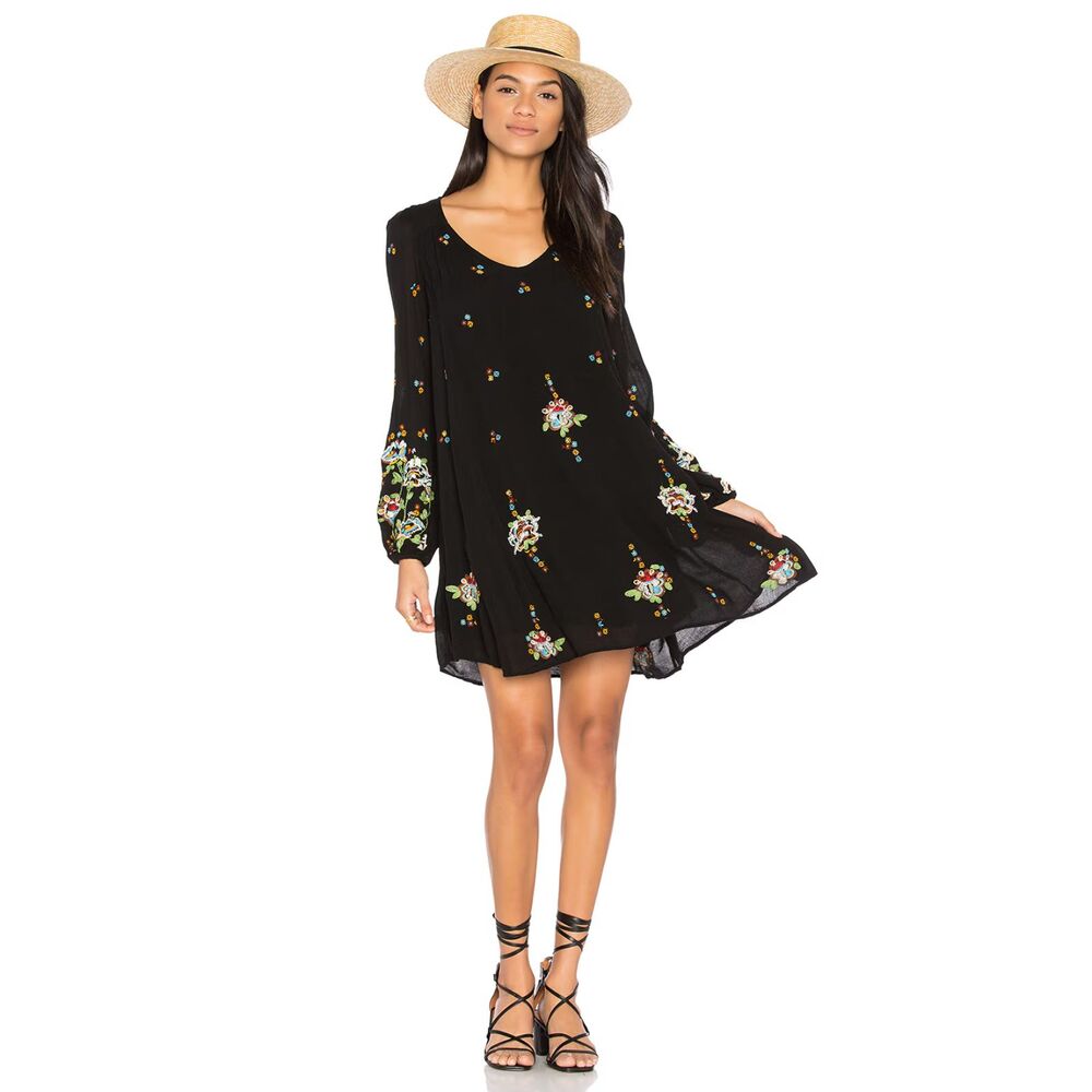 Free People Oxford Embroidered Mini Boho Dress Back Cut Out Pockets Black Size M